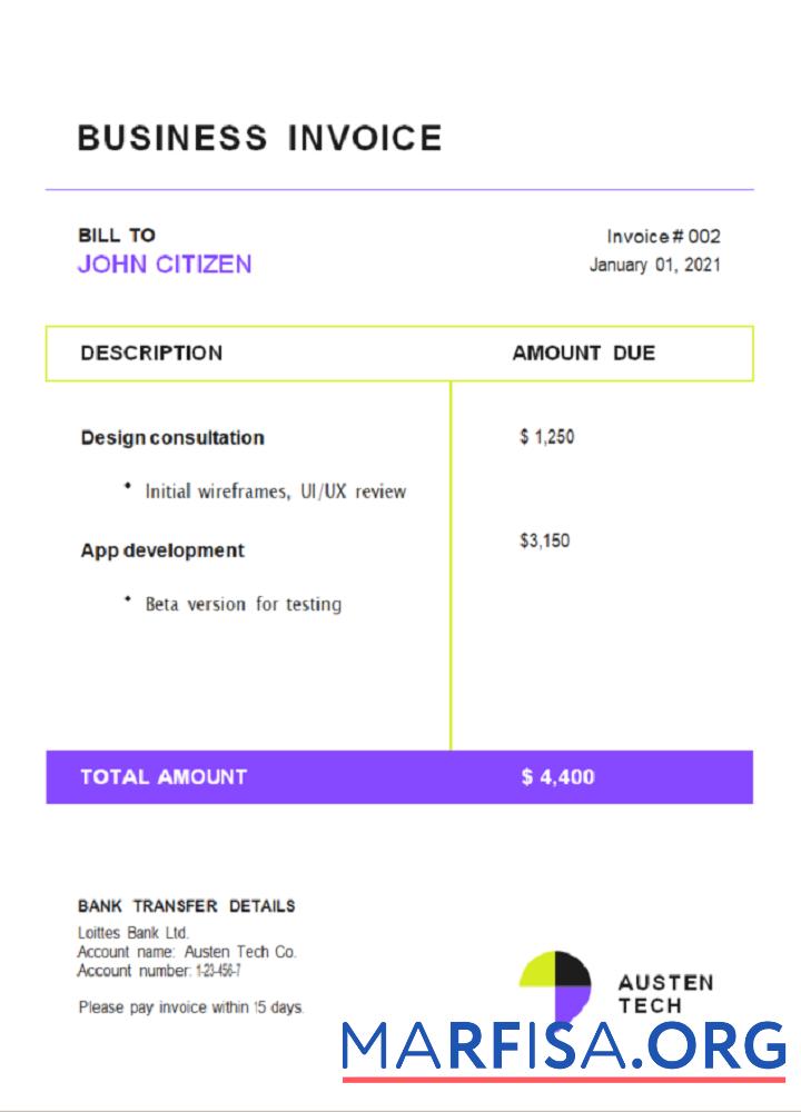 Printable USA Austen Tech Company invoice example
